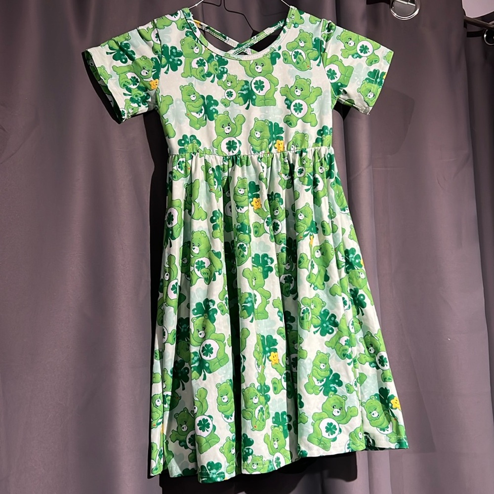 Girls Care Bear Lucky St Patrick’s Day 4 leaf clover cross back twirl dress